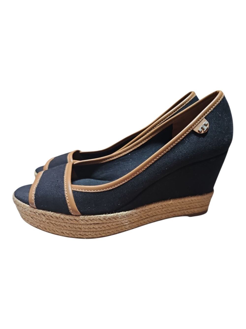 Tory Burch Majorca Espadrille Wedge Women's Size 8 Black Brown Peep Toe EU 38